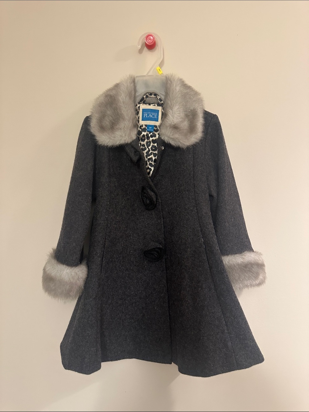 The Children's Place Dark Gray Girls' Wool-Blend Pea Coat with Faux-Fur Trim